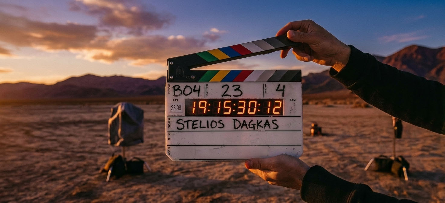 A film scene framed through a camera lens
